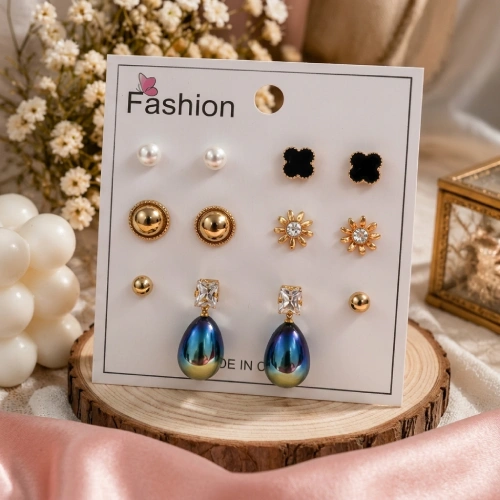 6-Pair Iridescent Peacock Pearl & Gold Stud Earring Set