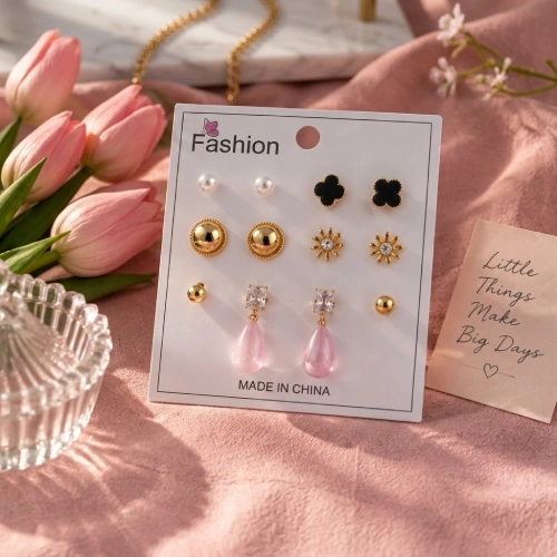 6-Pair Pastel Pink Teardrop & Gold Stud Earring Set