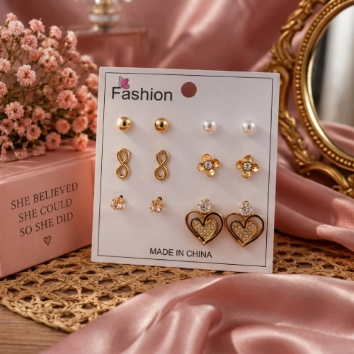 6-Pair Romantic Gold Stud Earring Set – Heart & Infinity Motifs