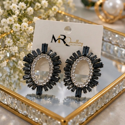 Bold Oval Sunburst Crystal Ear Tops – Radiating Partywear Statement Earrings