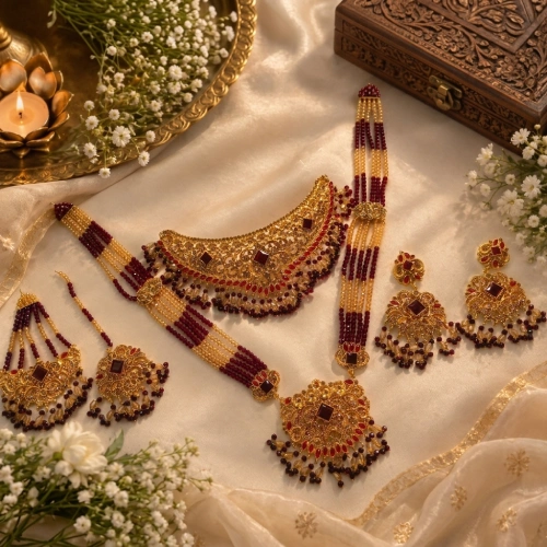 Opulent Bridal Gold Filigree Choker & Long Pendant Necklace Set with Maroon Stones - Image 2