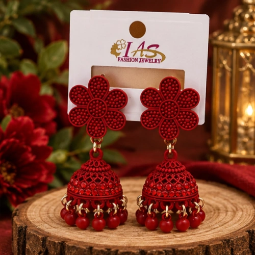 Classic Crimson Red Floral Textured Matte Enamel Jhumkas