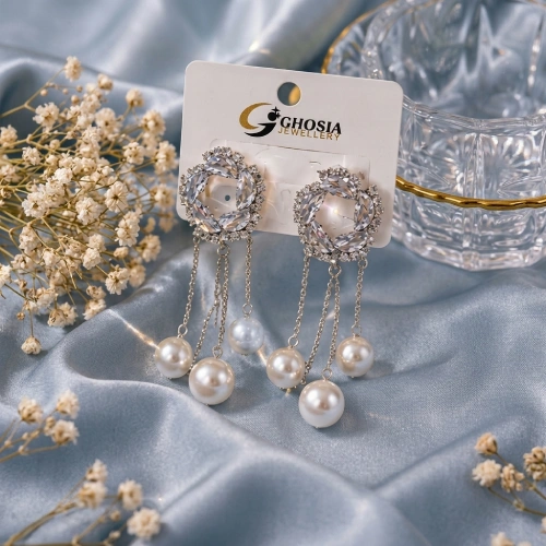 Elegant Floral Wreath Top Drop Earrings with Hanging Pearl Tassel Chains