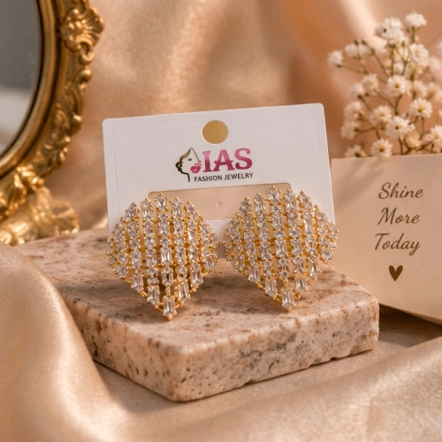 Elegant Rhombus Grid Cubic Zirconia Statement Stud Earrings