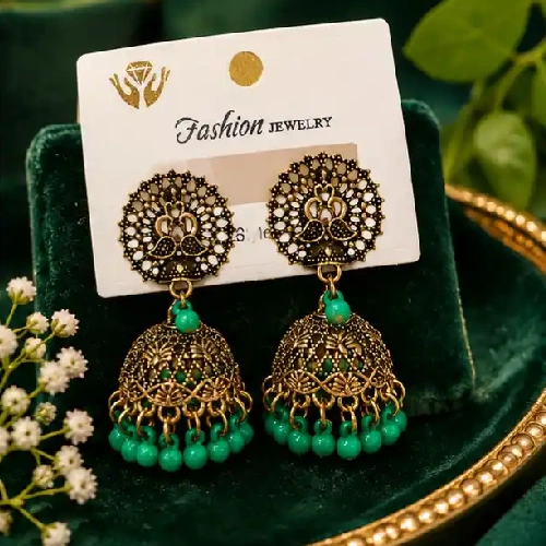 Emerald Green & Antique Gold Oxidized Peacock Jhumkas