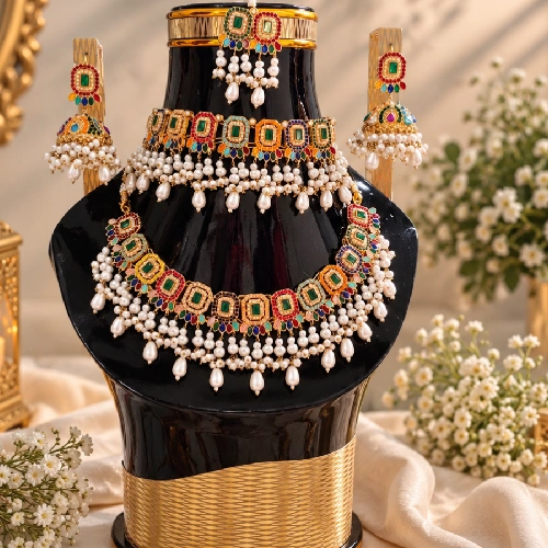 Premium Royal Navratna Meenakari Bridal Necklace Set with Pearl Clusters