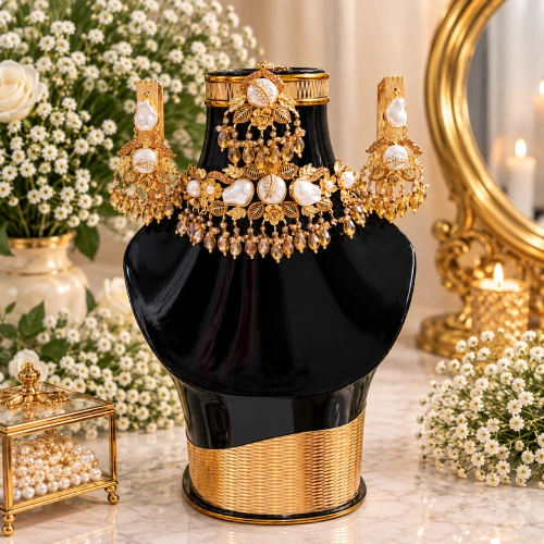 Luxurious Antique Gold Floral Pearl Choker & Earrings Set with Honey Crystal Beads