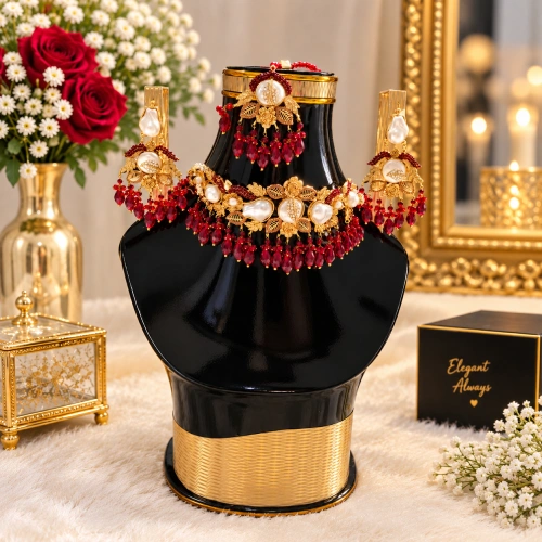 Luxurious Antique Gold Floral Pearl Choker & Earrings Set with Red Crystal Beads