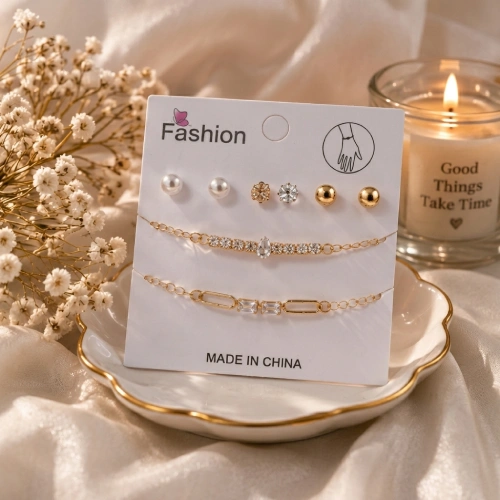 Minimalist Gold Bracelet & Earring Set – Solitaire & Chain Combo