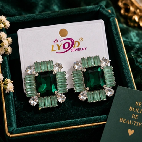 Opulent Emerald Gemstone Stud Earrings with Mint & Clear Crystal Halo
