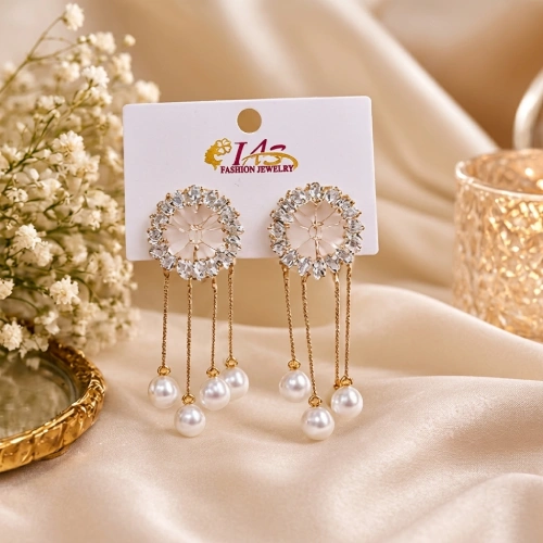 Opulent Gold-Plated Crystal Wheel Studs with Tiered Pearl Chain Fringe Earrings
