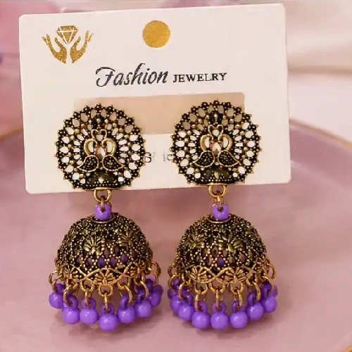Royal Purple & Antique Gold Oxidized Peacock Jhumkas