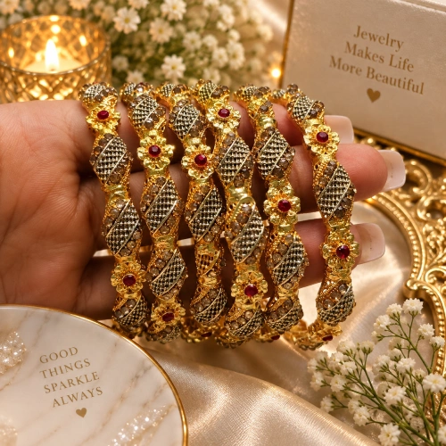 Royal Rhombus Lattice Gold Bangle Set with Ruby Floral Accents