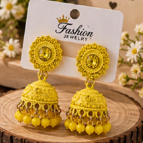 Sunlit Yellow Floral Crystal & Matte Enamel Jhumkas