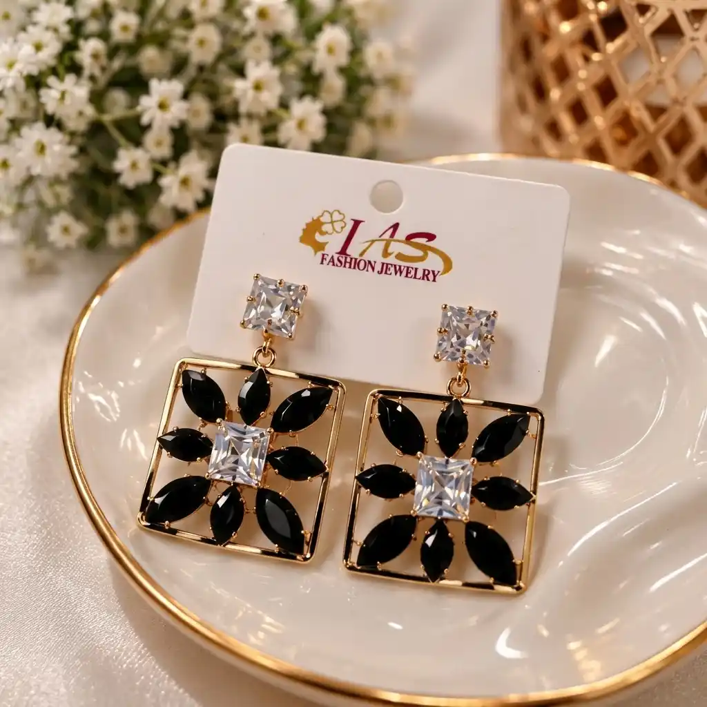 Trendy Marquis-Cut Stone Floral Grid Drop Earrings