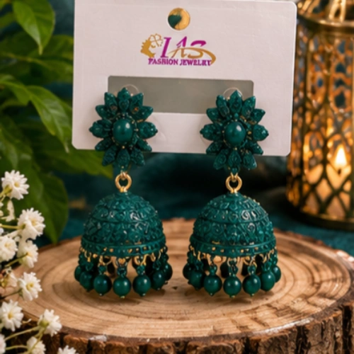 Vibrant Dark Green Floral Stone-Studded Enamel Jhumka Earrings