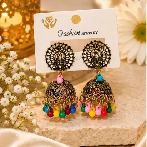 Vibrant Multi-Colored Bead & Oxidized Gold Peacock Jhumkas