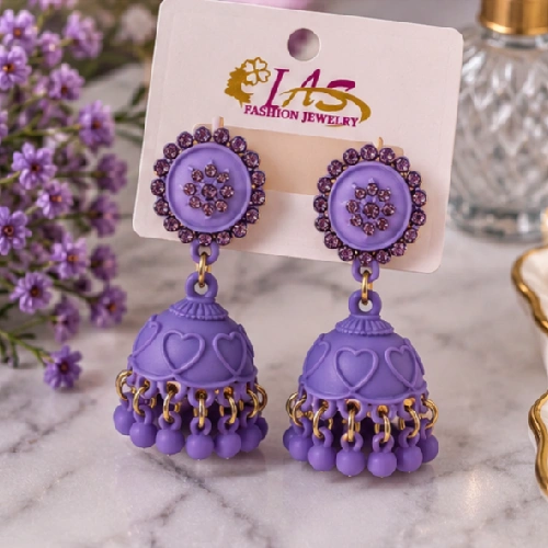 Vibrant Purple Stone-Studded Heart Enamel Jhumka Earring