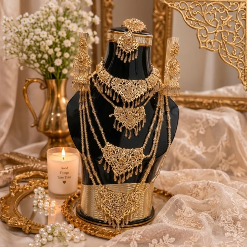 Opulent Antique Gold Filigree Bridal Set – Choker, Layered Rani Haar, Maang Tikka & Jhumka Earrings