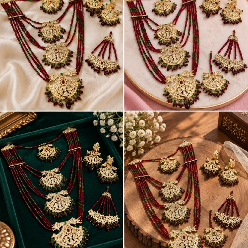 Traditional Gold Kundan Bridal Set – Multi-Tiered Beaded Rani Haar, Choker, Earrings & Maang Tikka - Image 2