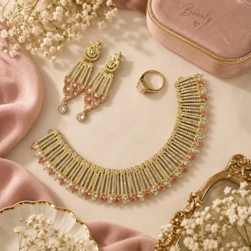 Luxury Rose Gold & Blush Pink Crystal Collar Necklace Set with Matching Statement Earrings & Ring