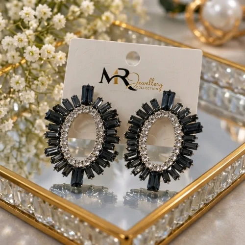 Bold Oval Sunburst Crystal Ear Tops – Radiating Partywear Statement Earrings