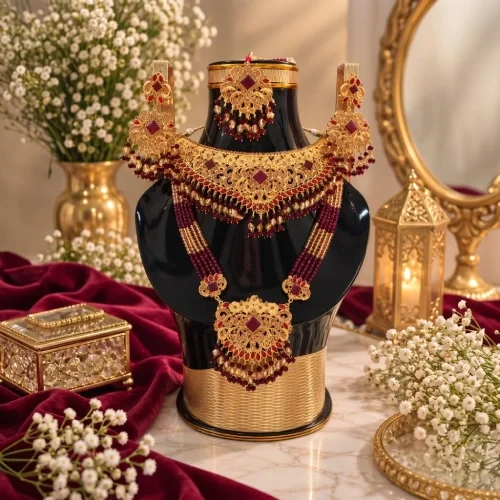 Opulent Bridal Gold Filigree Choker & Long Pendant Necklace Set with Maroon Stones