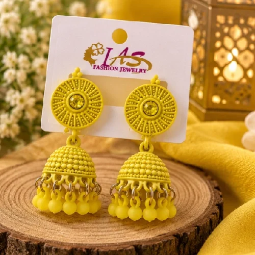 Bright Sunshine Yellow Beaded Textured Enamel Jhumkas