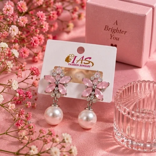 Charming Crystal Floral Stud & Pearl Drop Earrings for Women