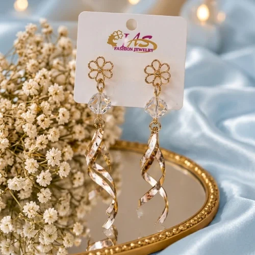 Chic Floral Top Crystal Accent Spiral Wave Long Drop Earrings