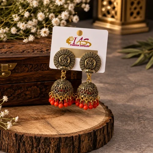 Classic Crimson Red & Antique Gold Oxidized Peacock Jhumkas