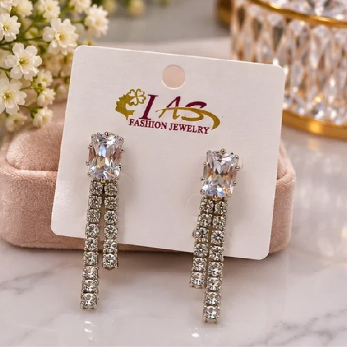 Classic Emerald-Cut Crystal Stud Earrings with Dual Tennis Chain Drops