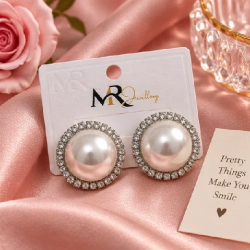 Classic Oversized Faux Pearl Button Stud Earrings – Elegant Crystal Halo Tops