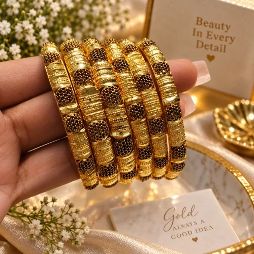 Classic Textured Gold Bangle Set of 6 with Black Stone Round Medallions