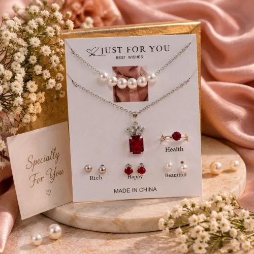 Crimson Ruby & Pearl Complete Jewelry Gift Set – Necklaces, Ring & Studs