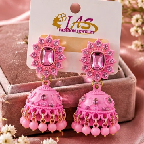 Floral Crystal & Powder Pink Enamel Jhumkas