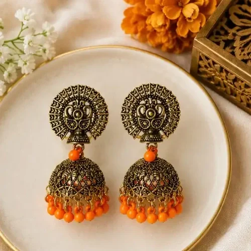 Radiant Orange & Antique Gold Oxidized Jhumkas