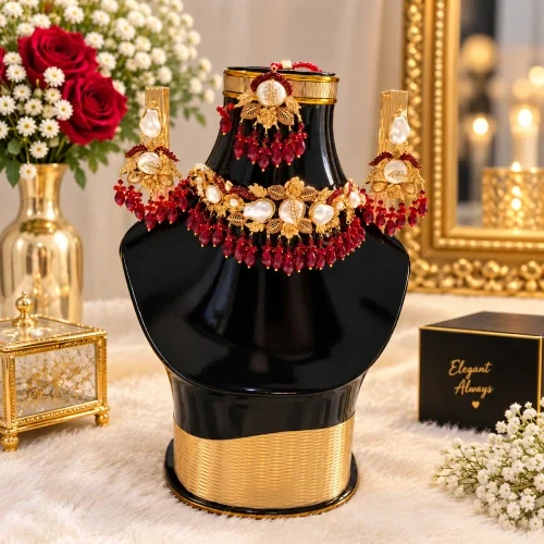 Luxurious Antique Gold Floral Pearl Choker & Earrings Set with Red Crystal Beads