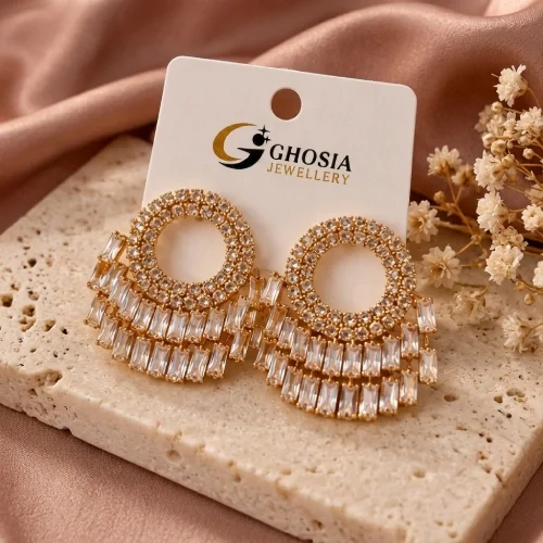 Luxury Crystal Circle Stud Earrings with Multi-Tiered Baguette Fringe Statement Tops
