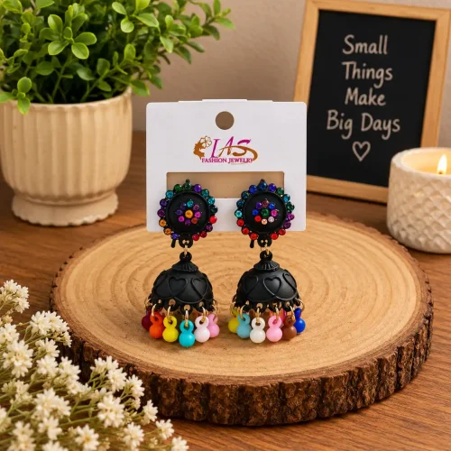 Matte Black Multi-Color Stone & Beaded Heart Enamel Jhumka Earrings