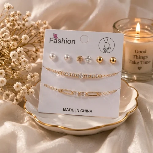 Minimalist Gold Bracelet & Earring Set – Solitaire & Chain Combo