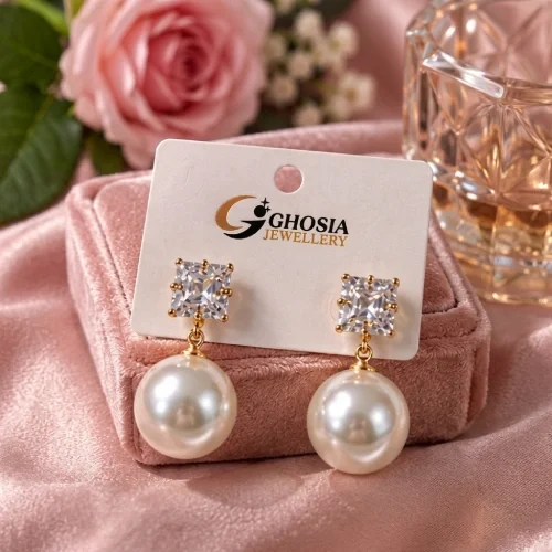 Minimalist Gold-Plated Square Crystal Top Pearl Dangle Earrings