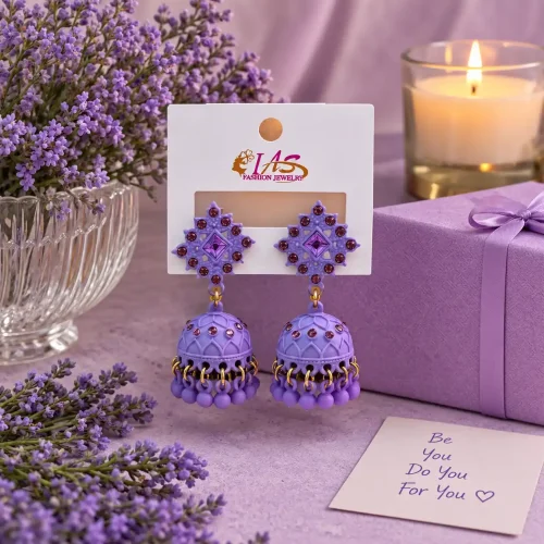 Regal Purple Diamond-Motif Crystal & Matte Enamel Jhumkas