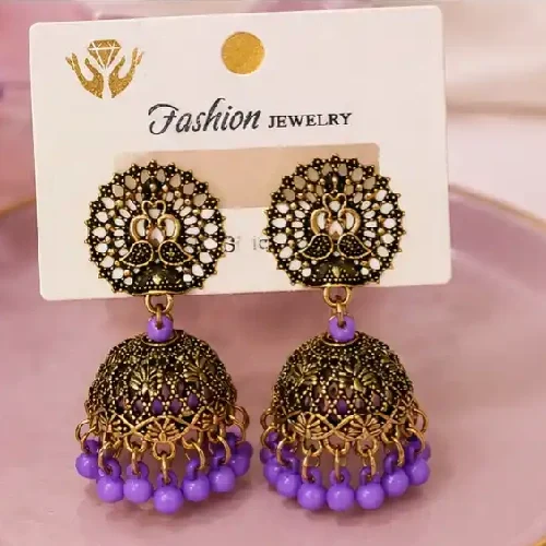 Royal Purple & Antique Gold Oxidized Peacock Jhumkas