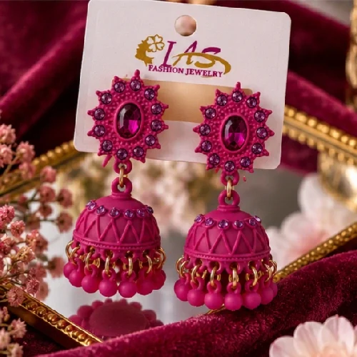 Vibrant Magenta Pink Stone-Studded Enamel Jhumka Earrings