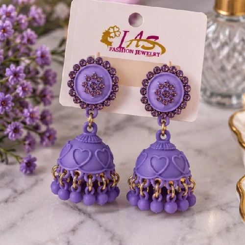 Vibrant Purple Stone-Studded Heart Enamel Jhumka Earring
