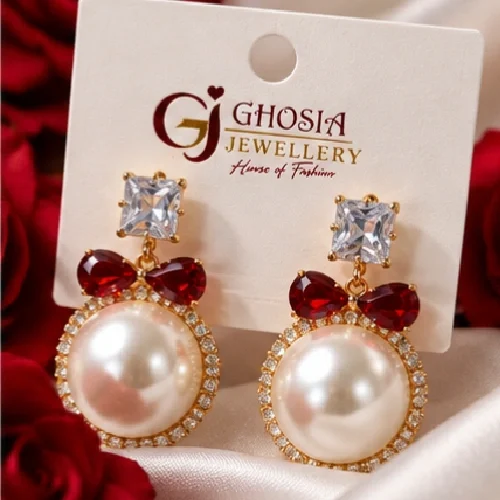 Vintage Crystal Stud & Pearl Drop Earrings with Ruby Red Accent Bow