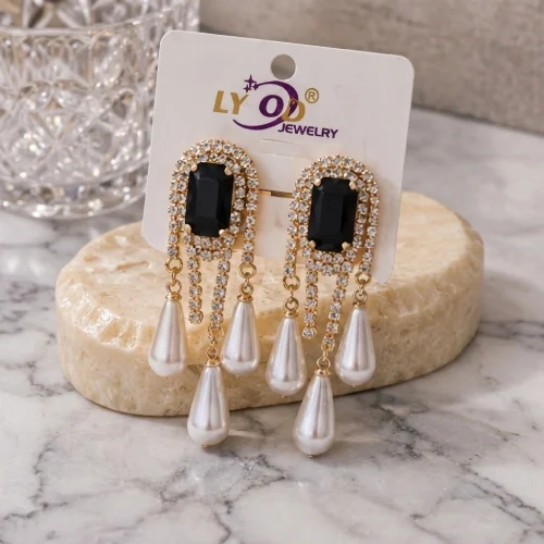 Vintage Emerald-Cut Gemstone Halo Stud Earrings with Crystal & Teardrop Pearl Drops