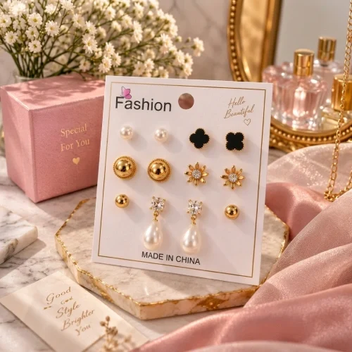 6-Pair Gold & Pearl Earring Set – White Teardrop & Geometric Studs