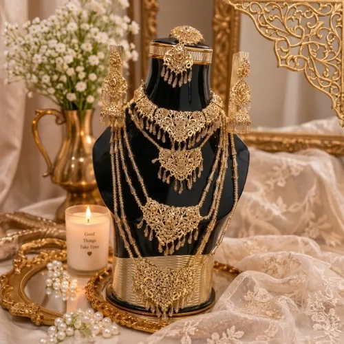 Opulent Antique Gold Filigree Bridal Set – Choker, Layered Rani Haar, Maang Tikka & Jhumka Earrings
